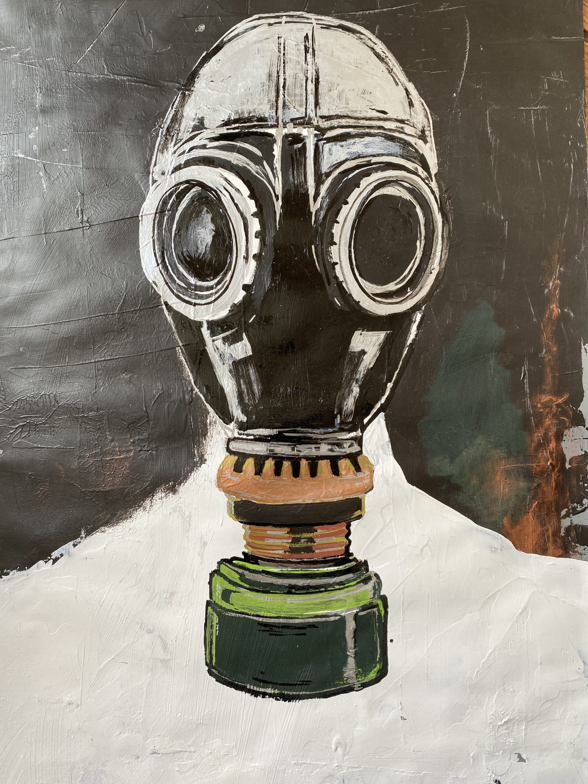 Pintura de um rosto humano com mascara de gas